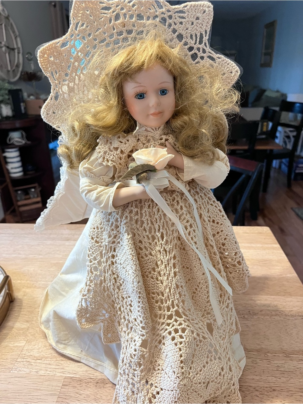 Beige Porcelain Doll with Crochet Dress